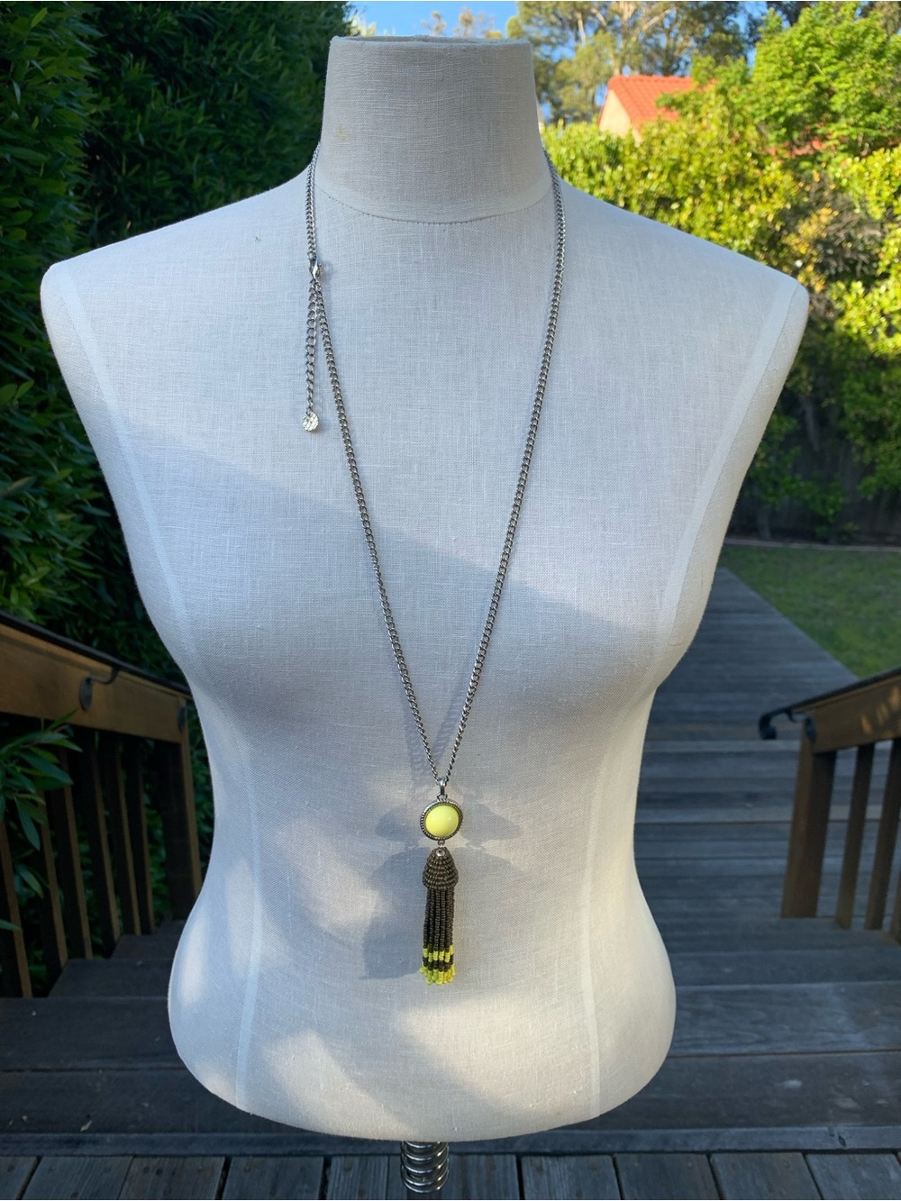Talbots Long Silver Chain Necklace with Yellow Pendant and Tassel